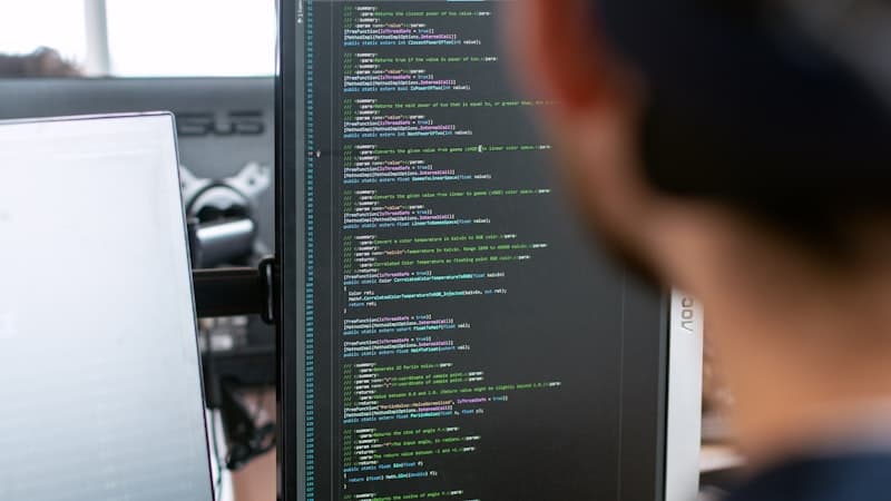 Technician looking at code on a computer screen